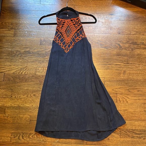 Free People Open Back Black Dress with Orange Mesh Detailing at Top Size Small - Picture 2 of 6